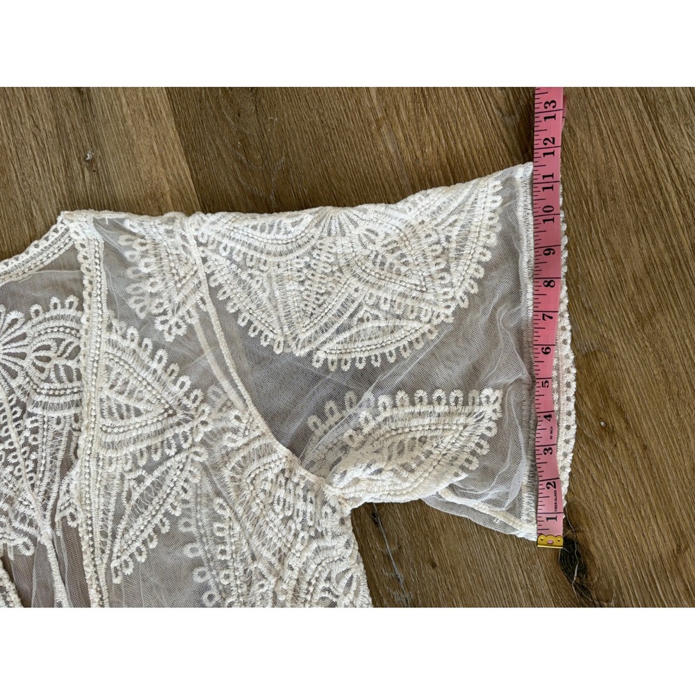 Boho Lace Duster Medallion Mesh Kimono Cardigan Women L-XL Cream Sheer Cover Up - Picture 6 of 9